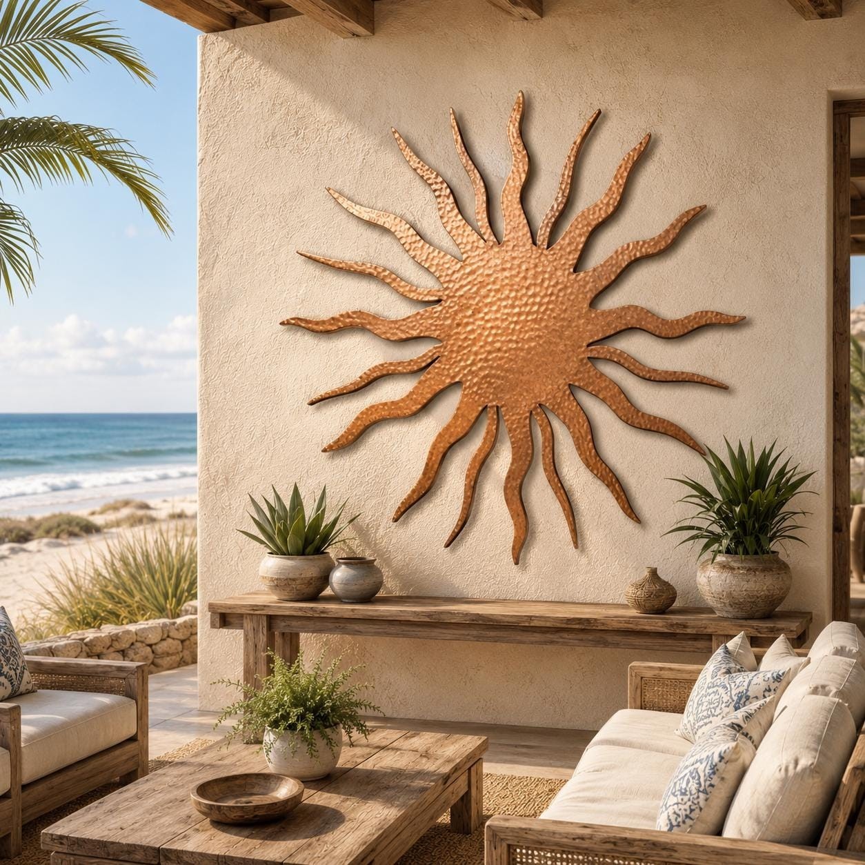 Large Metal Sun Wall Art, Coastal Outdoor Decor, Modern Sunburst Hanging