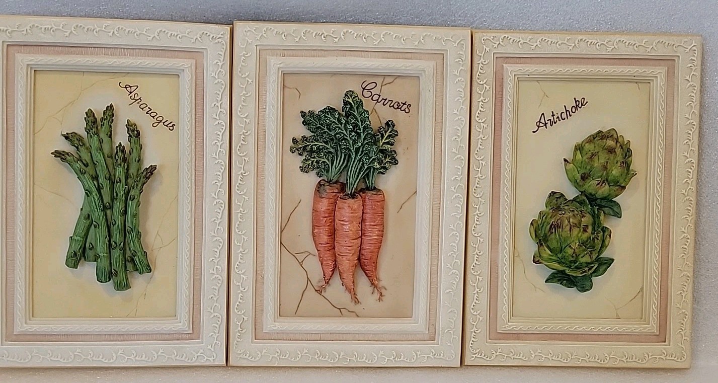 Vtg 3D Vegetable Wall Art Lot 3 Carrot Asparagus Artichoke Kitchen Decor 5×7