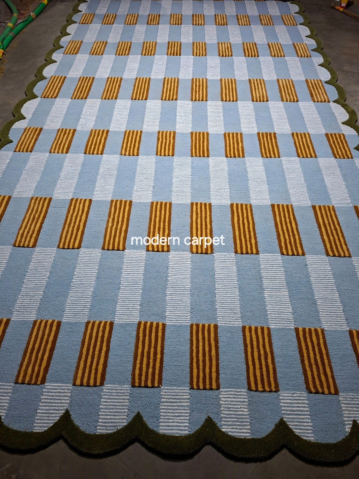 Large Scalloped Edge Area Rug | Modern Tufted Blue & Gold Carpet For Home Decor