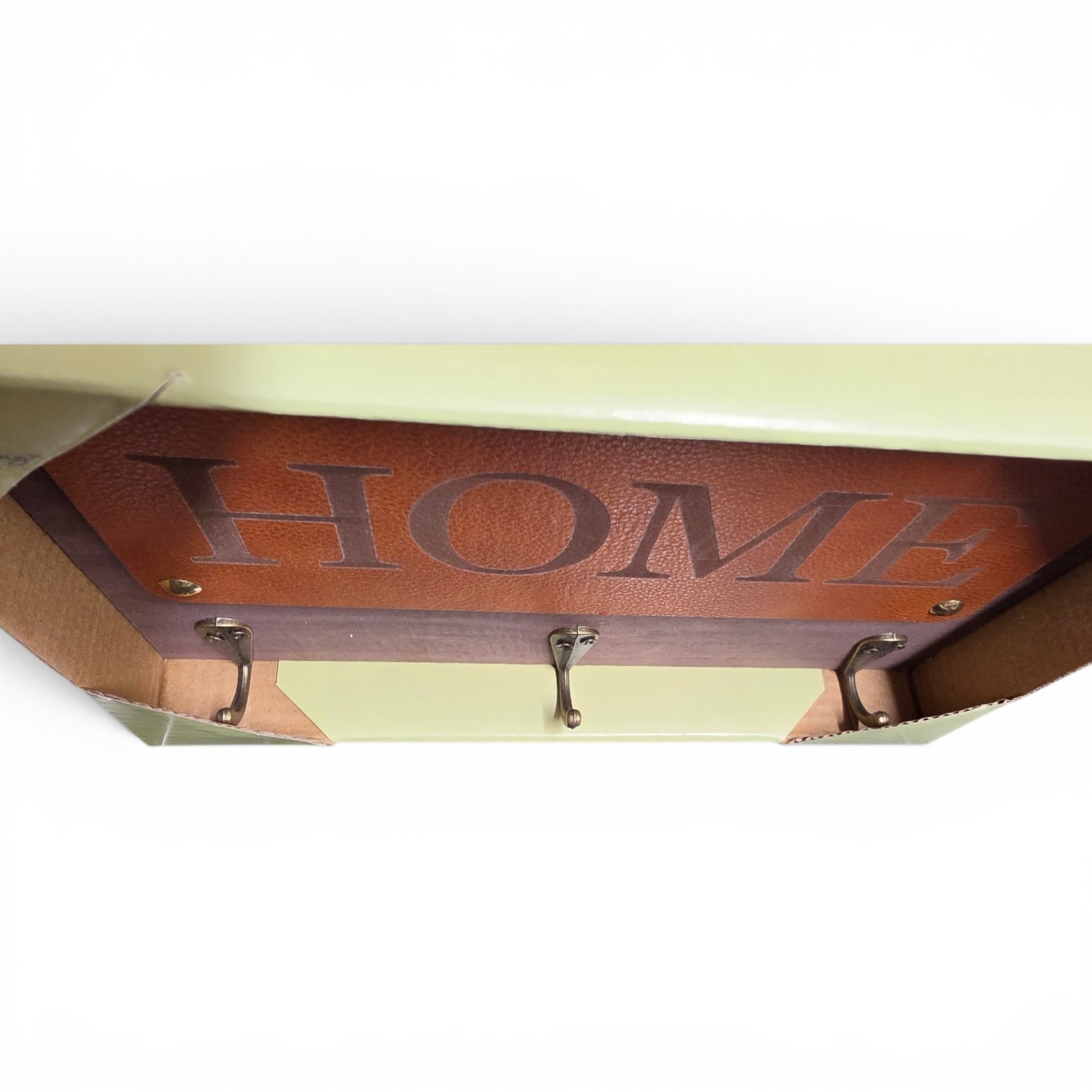 HOME Wood Wall Hook Sign Genuine Leather Rustic Farmhouse 3 Hooks New in Box