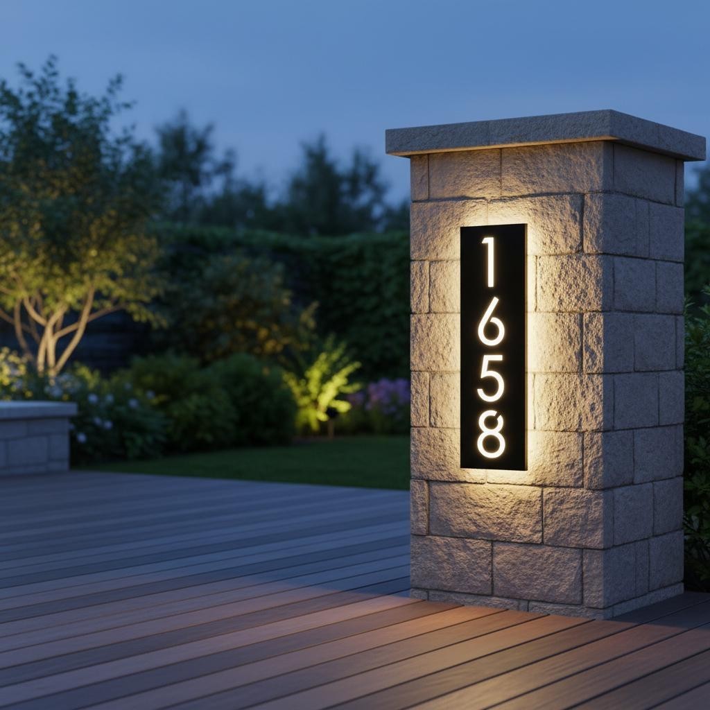 LED Garden Column House Number Sign, Lighted Outdoor Address Plaque