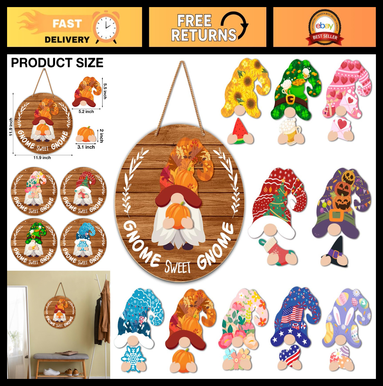 Interchangeable Gnome Welcome Sign – Seasonal Door Decoration for All Holidays,