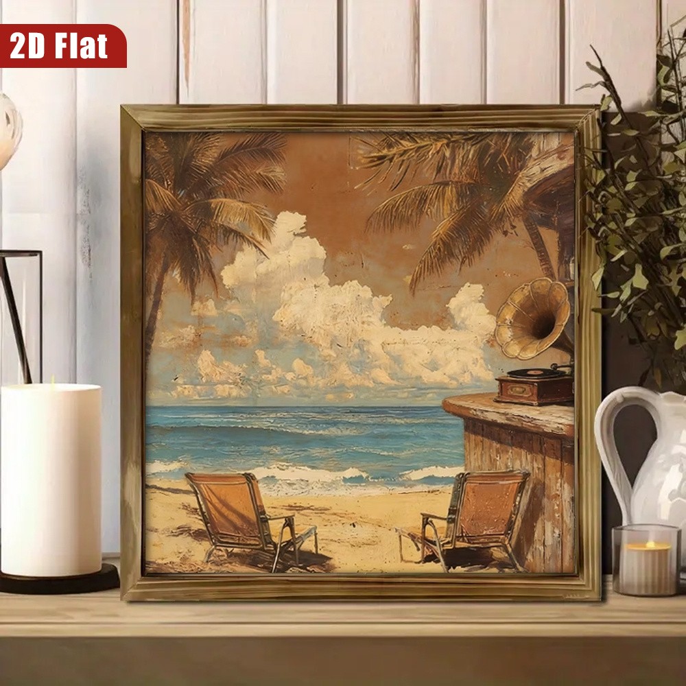 Antique Tropical Seaside Gramophone Beach Chair Summer Home Tabletop Plaque