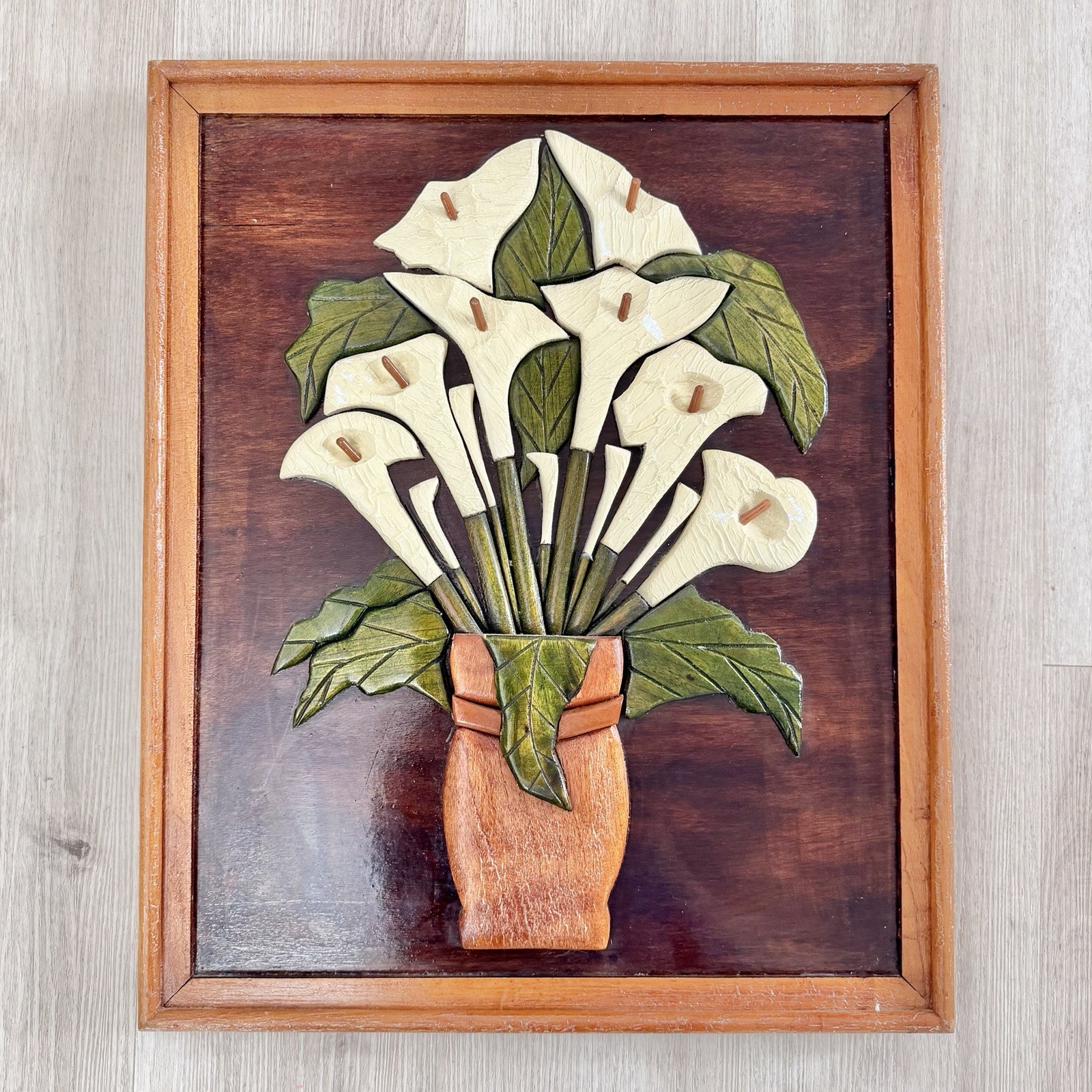 VTG Hand-Carved Wooden Wall Art Calla Lilies Floral Vase Plaque 3D MCM Folk Art