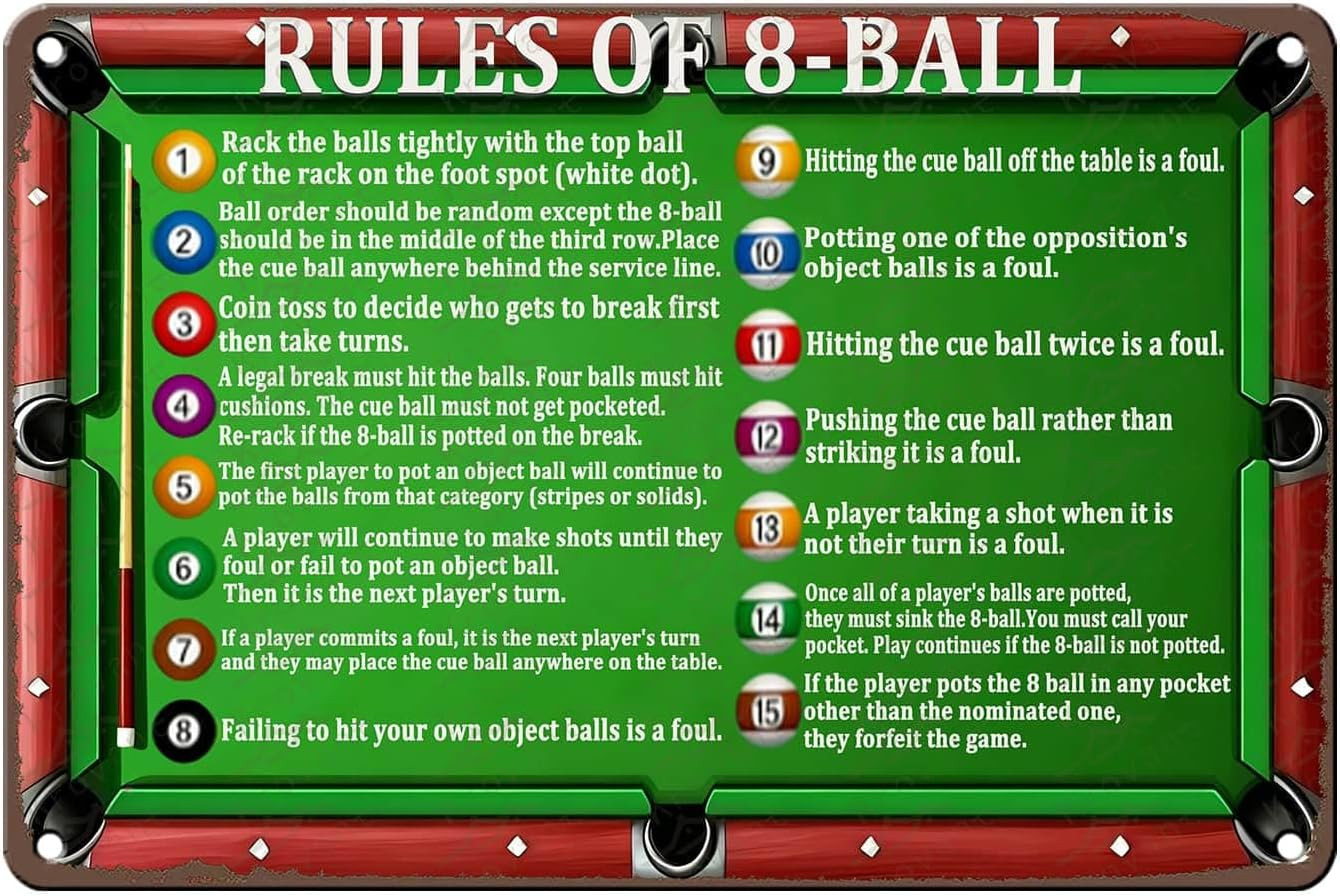 Billiard Table Rules Metal Tin Sign Pool Room 8 Ball Rules Wall Decor Vintage