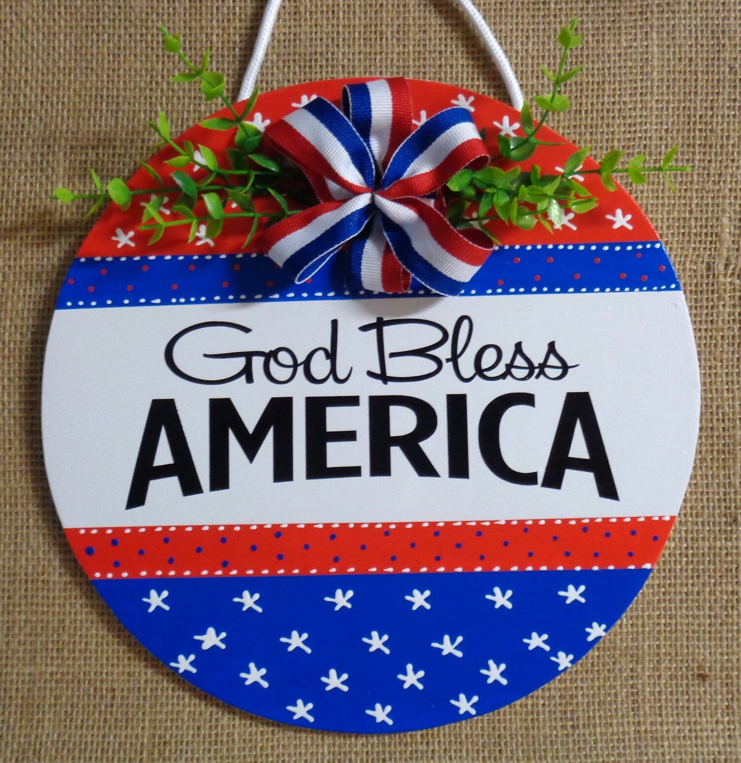 God Bless AMERICA Circle Door Sign Hanger Red White Blue Americana Plaque