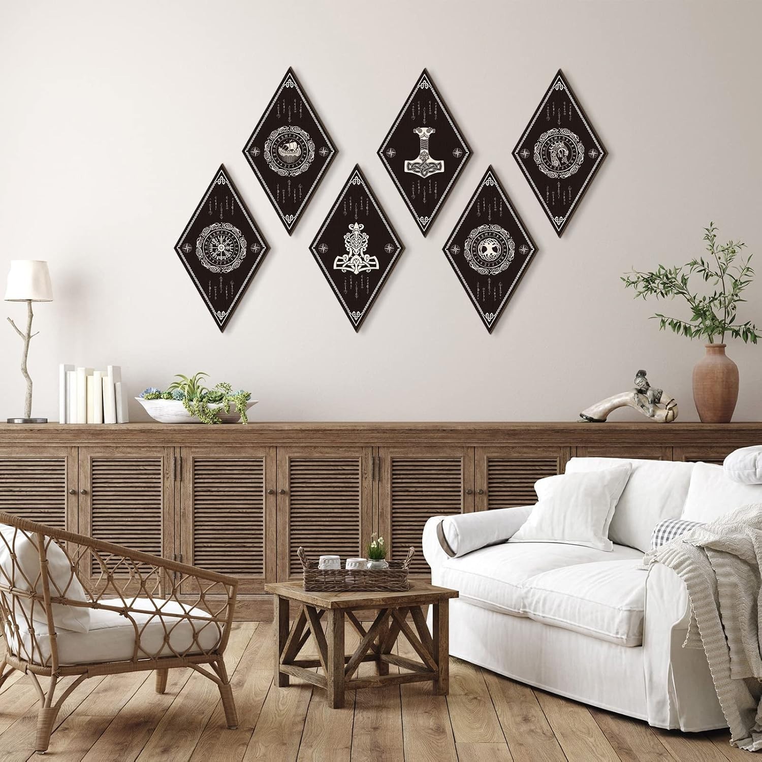 6 Pcs Nordic Viking Rune Wall Art – Engraved Wooden Signs for Home Decor
