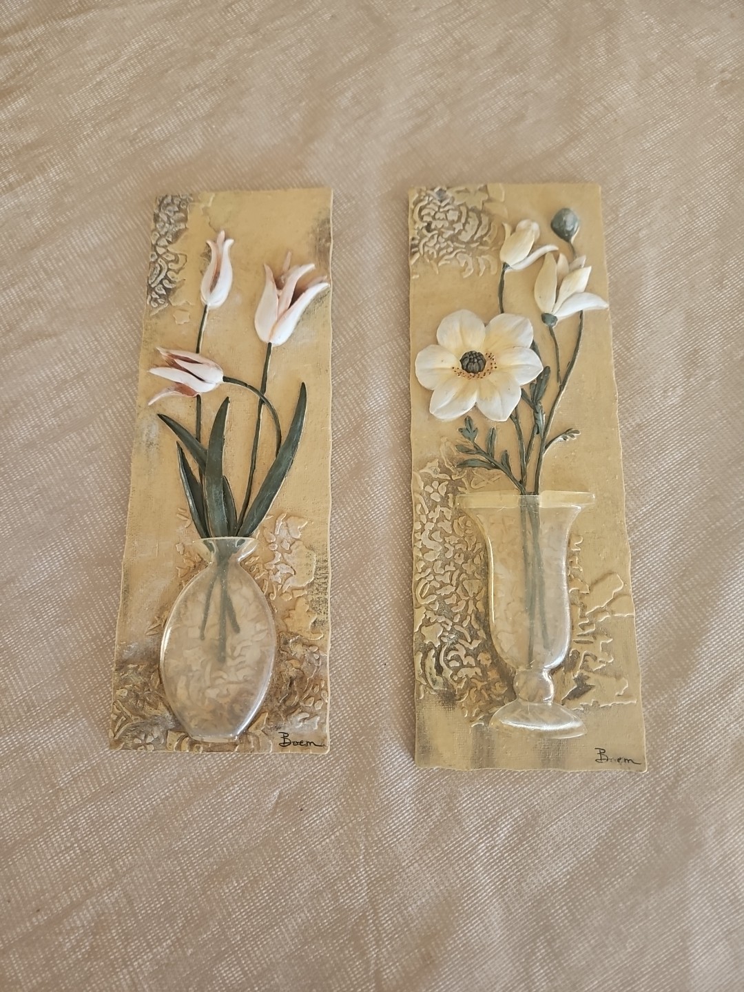 Vintage Boem Flowers In A Vase 3D Wall Hangings Art Deco Plaques Set Of 2