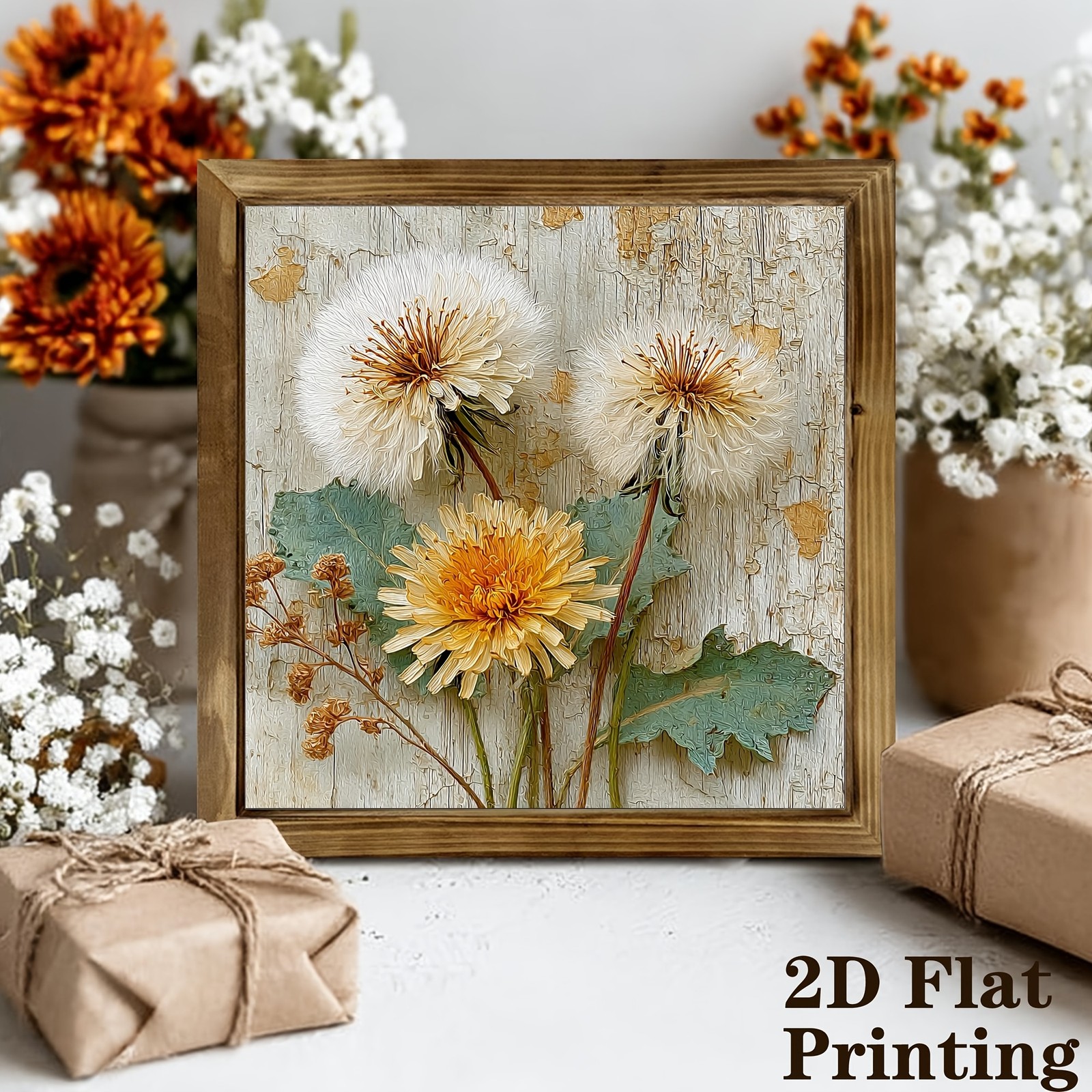 Vintage Dandelion Flower Framed Wall Art Rustic Farmhouse Floral Print Decor