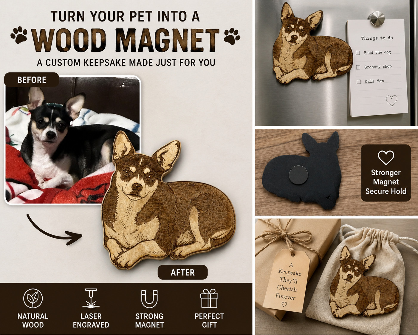 Custom Pet Magnet From Photo Laser Cut Wood Dog Cat Gift
