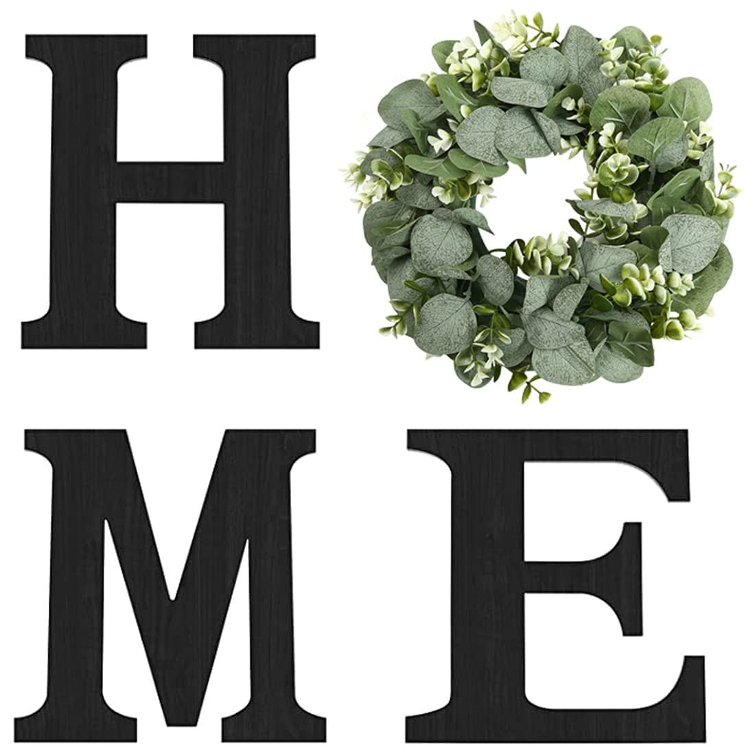 4 Pcs Rustic Wood Home Sign with Eucalyptus Wreath Wall Decor for Farmhouse Room