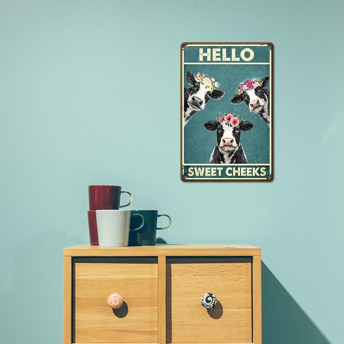 Hello Sweet Cheeks Cow Metal Tin Sign 8×12 Funny Bathroom Farmhouse Wall Decor