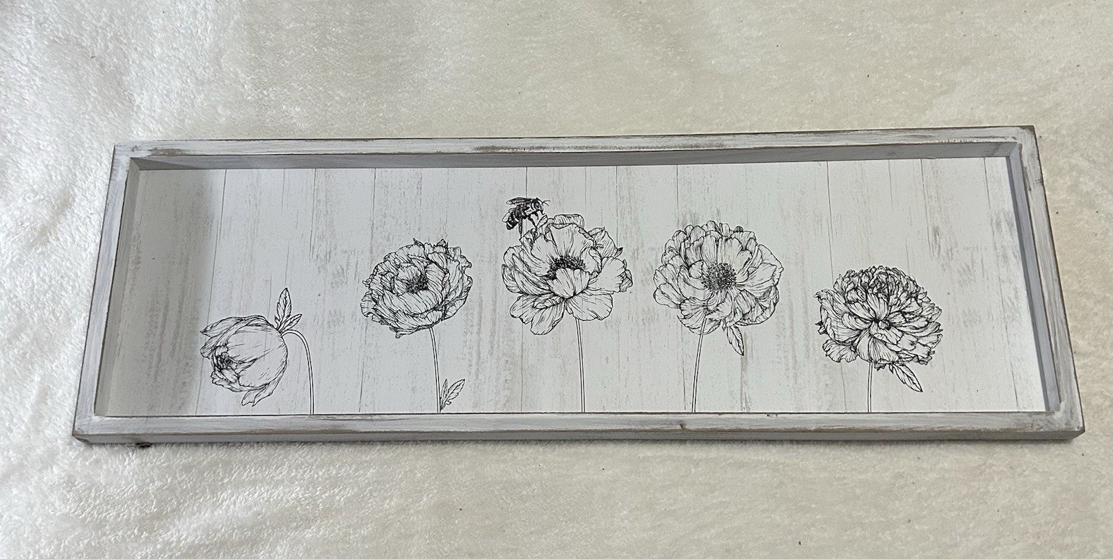 Rectangular Floral Painted Wood Hanging Wall Plaque, Black & White Flower Art