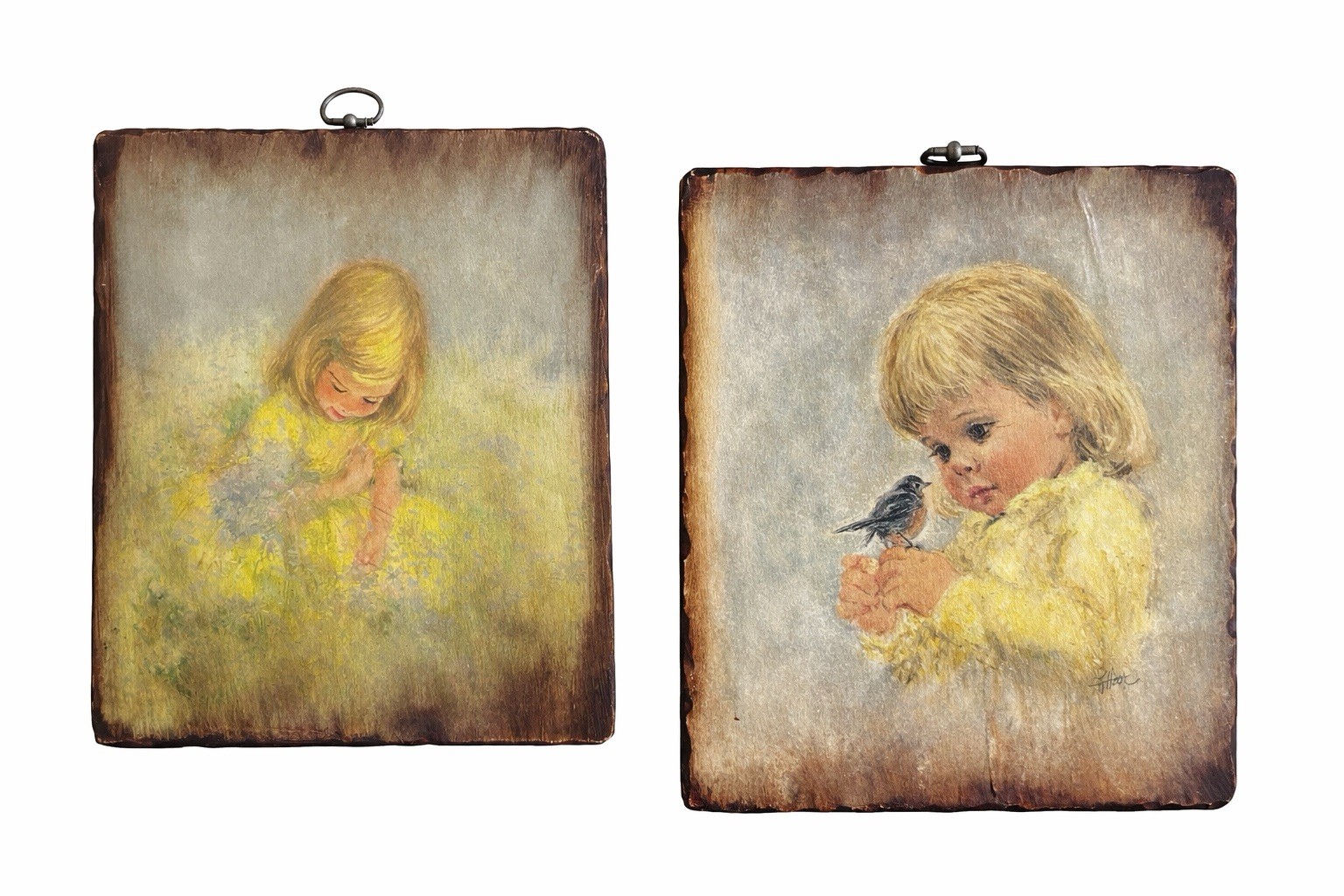 Vintage 1970s Francis Hook Eyed Girl Wood Wall Plaque Burnt Edge Cottage Art-2