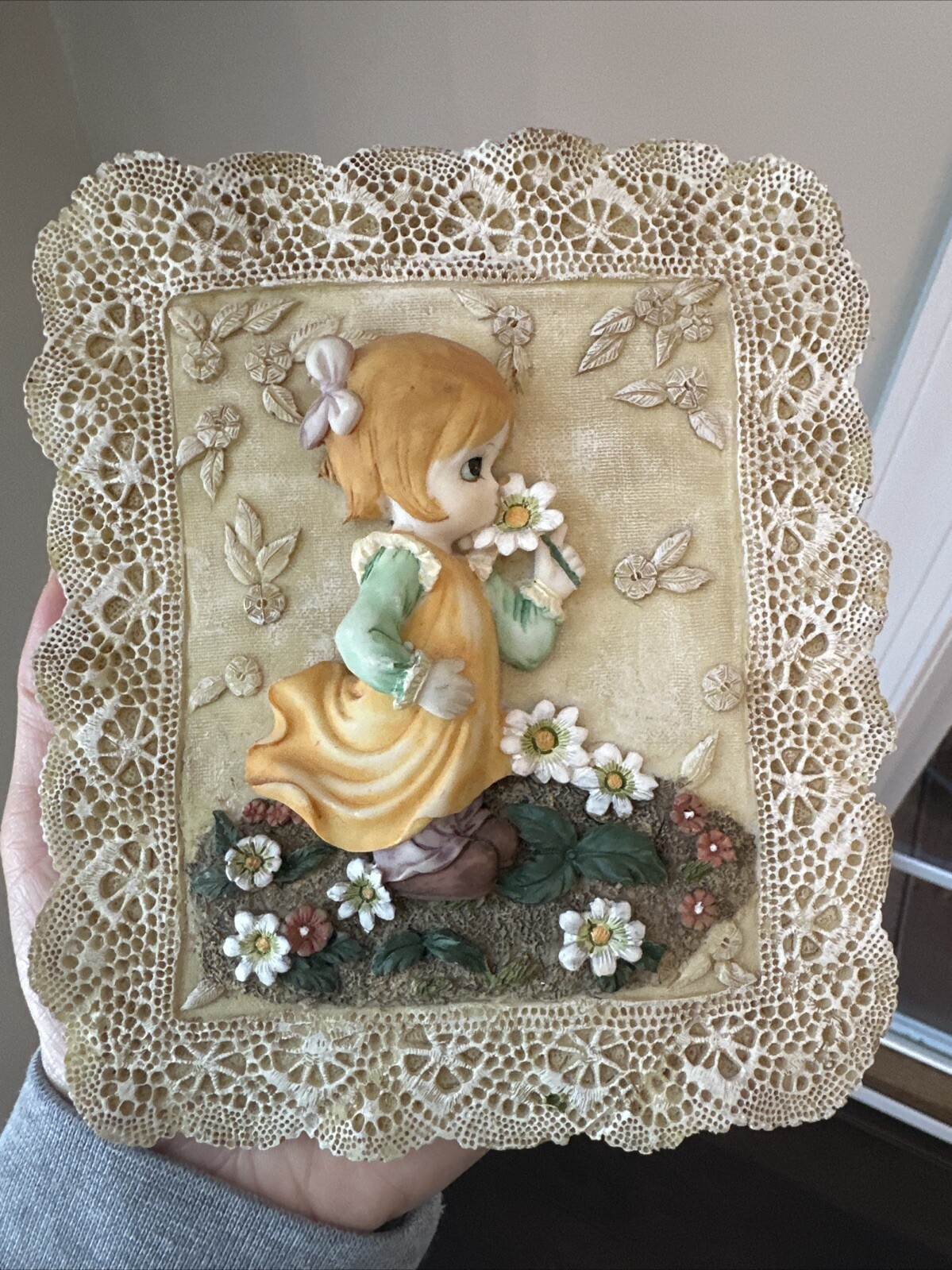 2 Decorative Ceramic/Plaster Little Girls with Flowers Wall Plaques