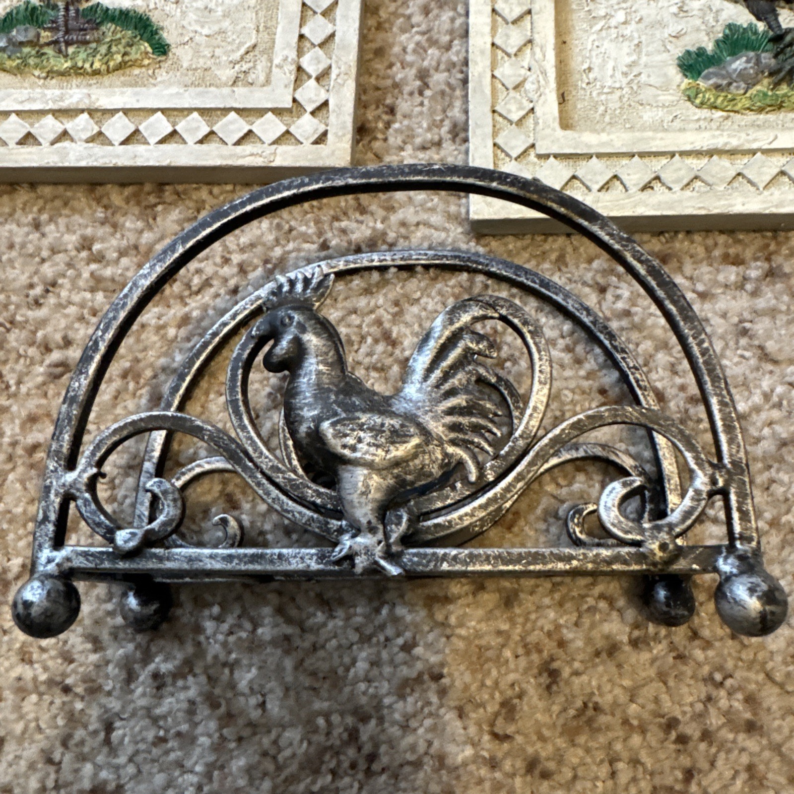 Lot Of 3 Rooster Decorations. Metal Napkin Holder, 2 Resin Wall Hangings