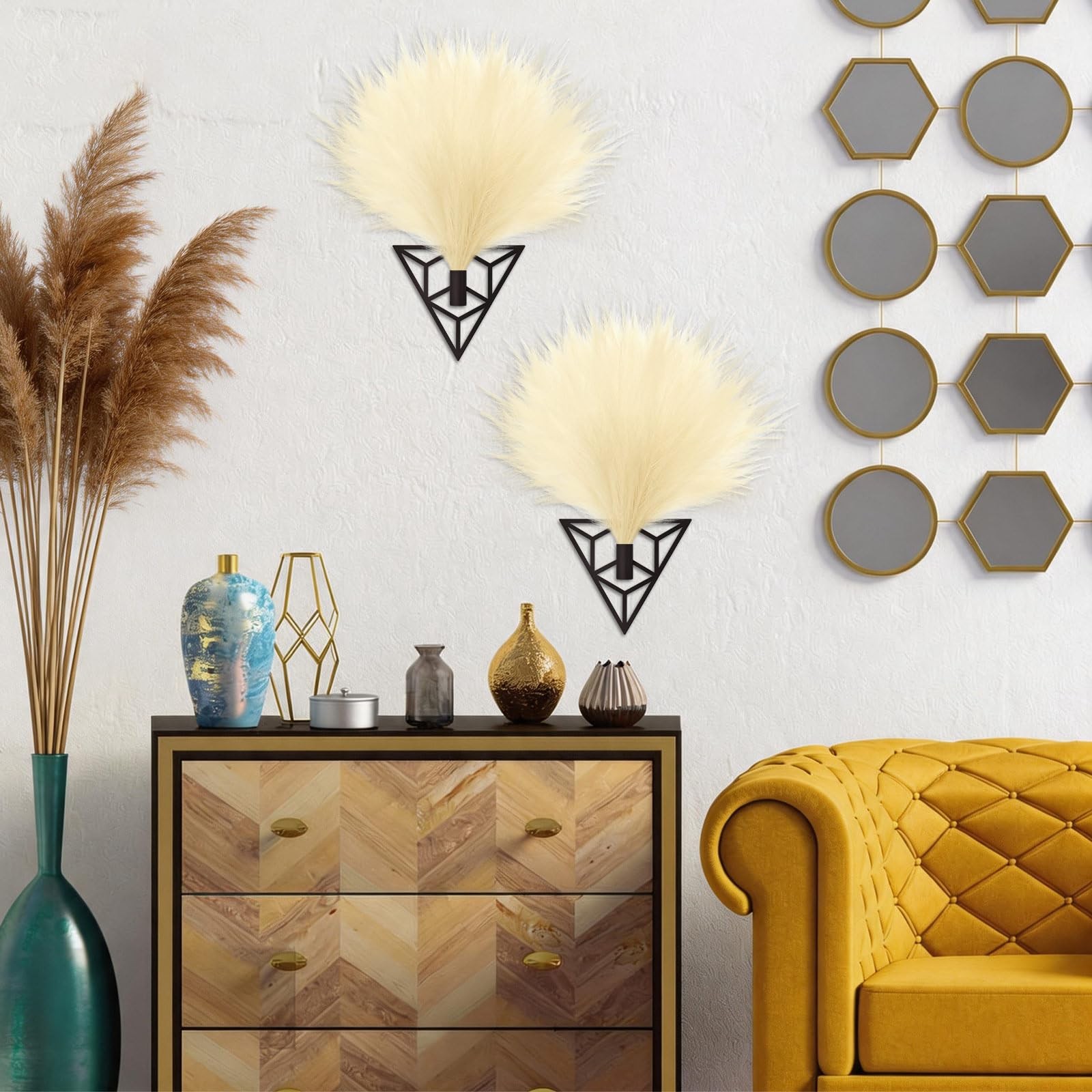 2 Pieces Boho Wall Decor Gold Metal Wall Art Artificial Pampas Wall Mounted H…