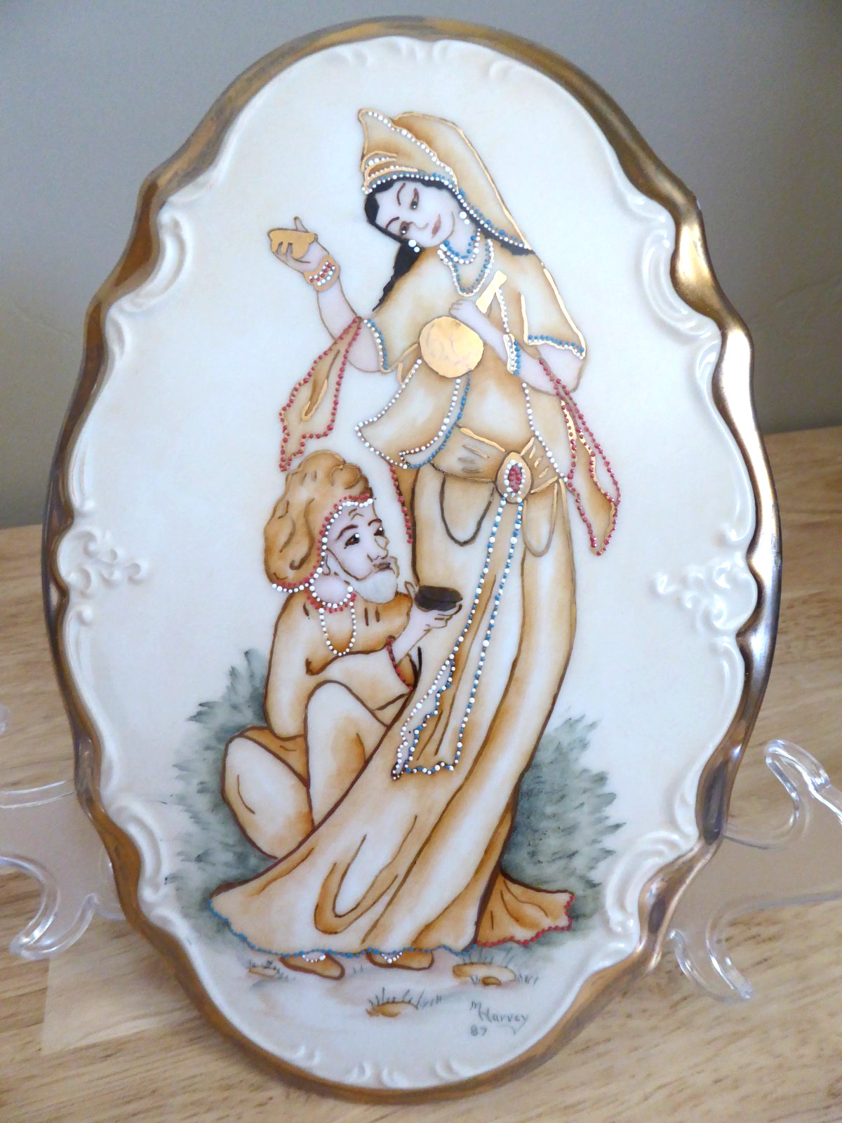Hand Painted Porcelain Wall Plaques Asian Indian Couple India Set of 2