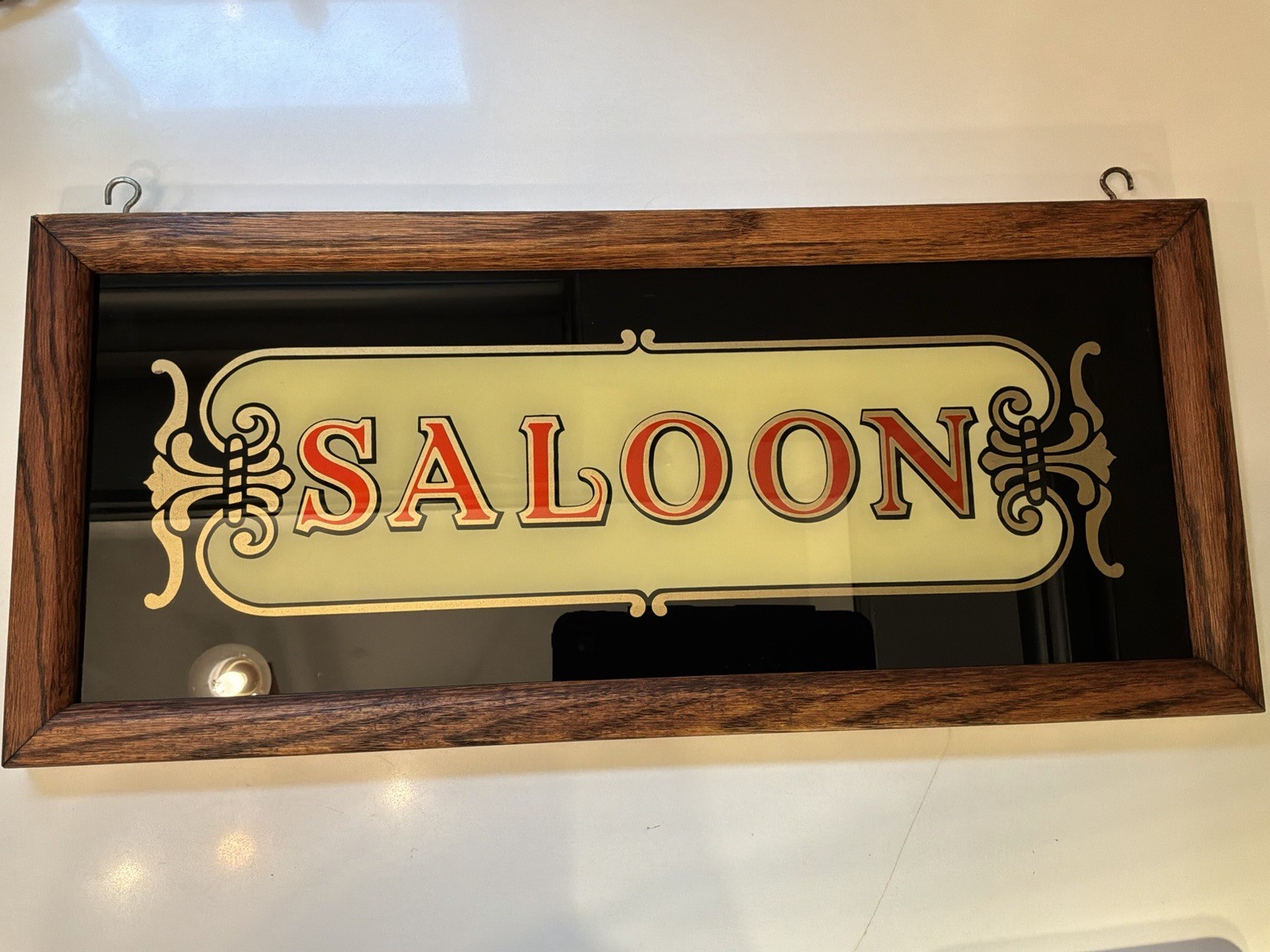 Vintage Reverse Painted Glass Saloon Sign Oak Wood Frame 21” Western Bar Decor