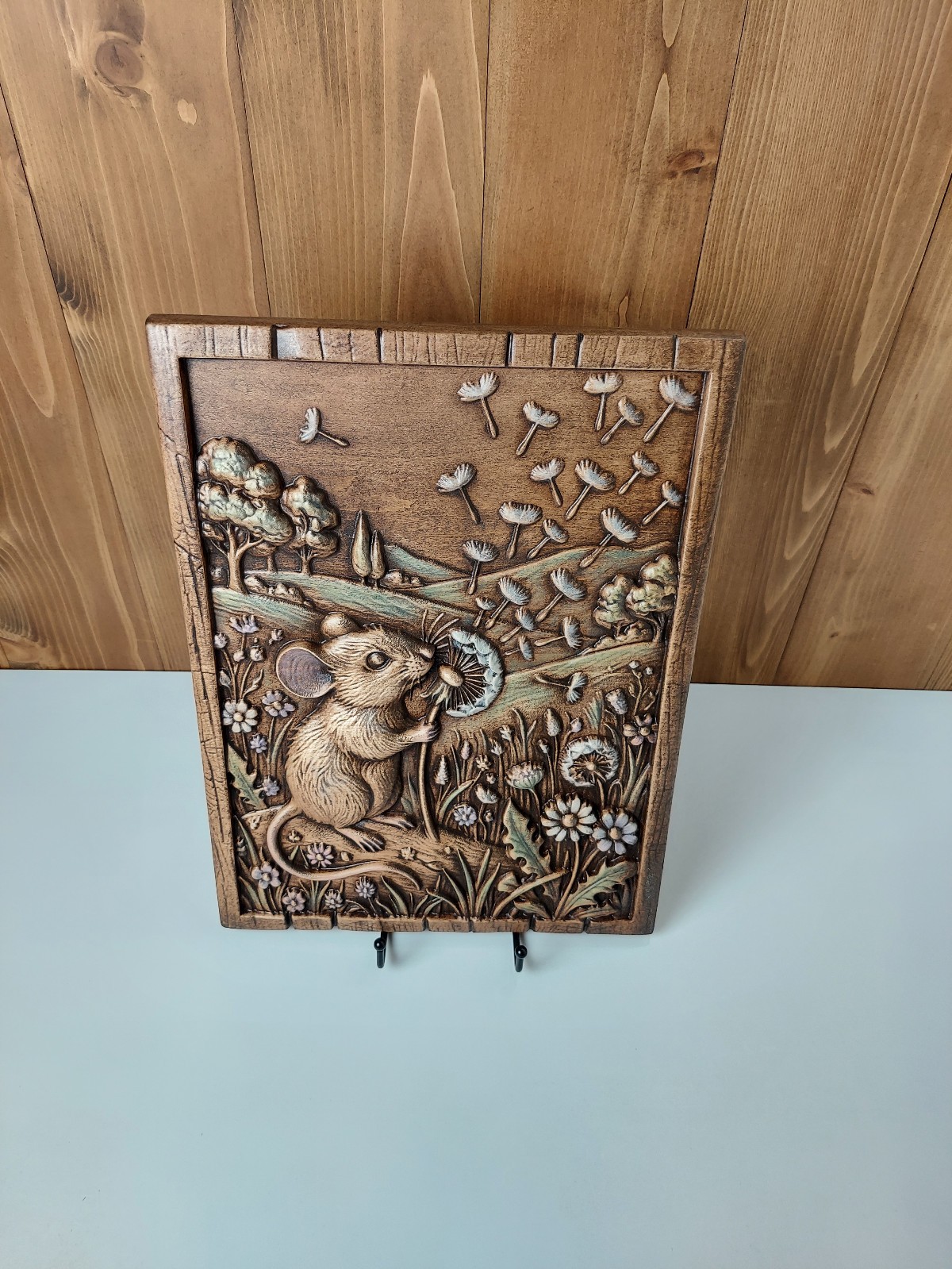 Mouse Dandelion Wood Wall Art, 3D Relief Carving, Handmade Maple Decor
