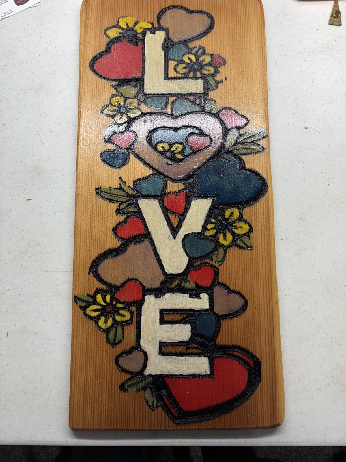 Handcrafted & Painted Wood Carving LOVE w/Flowers & Hearts Wall art 24”x11x1/2”